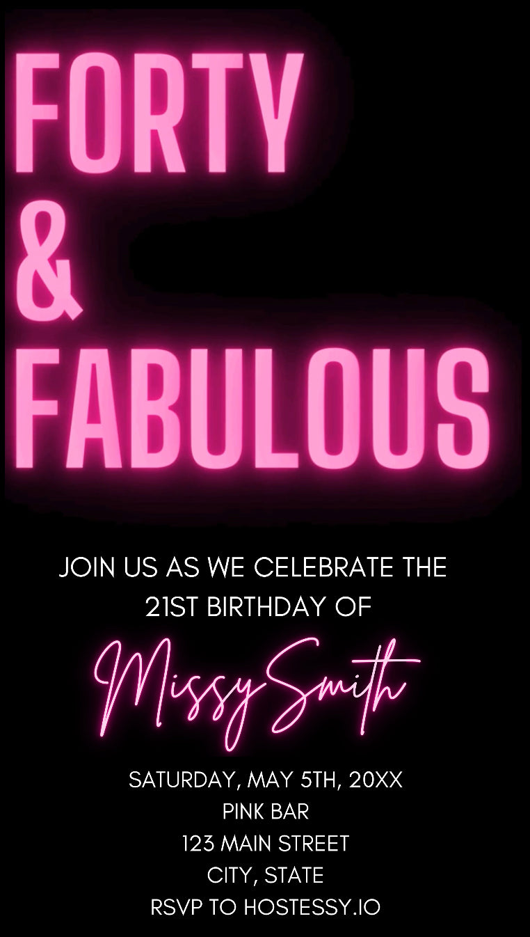 40th Birthday Video Invitation, Pink Neon Invite