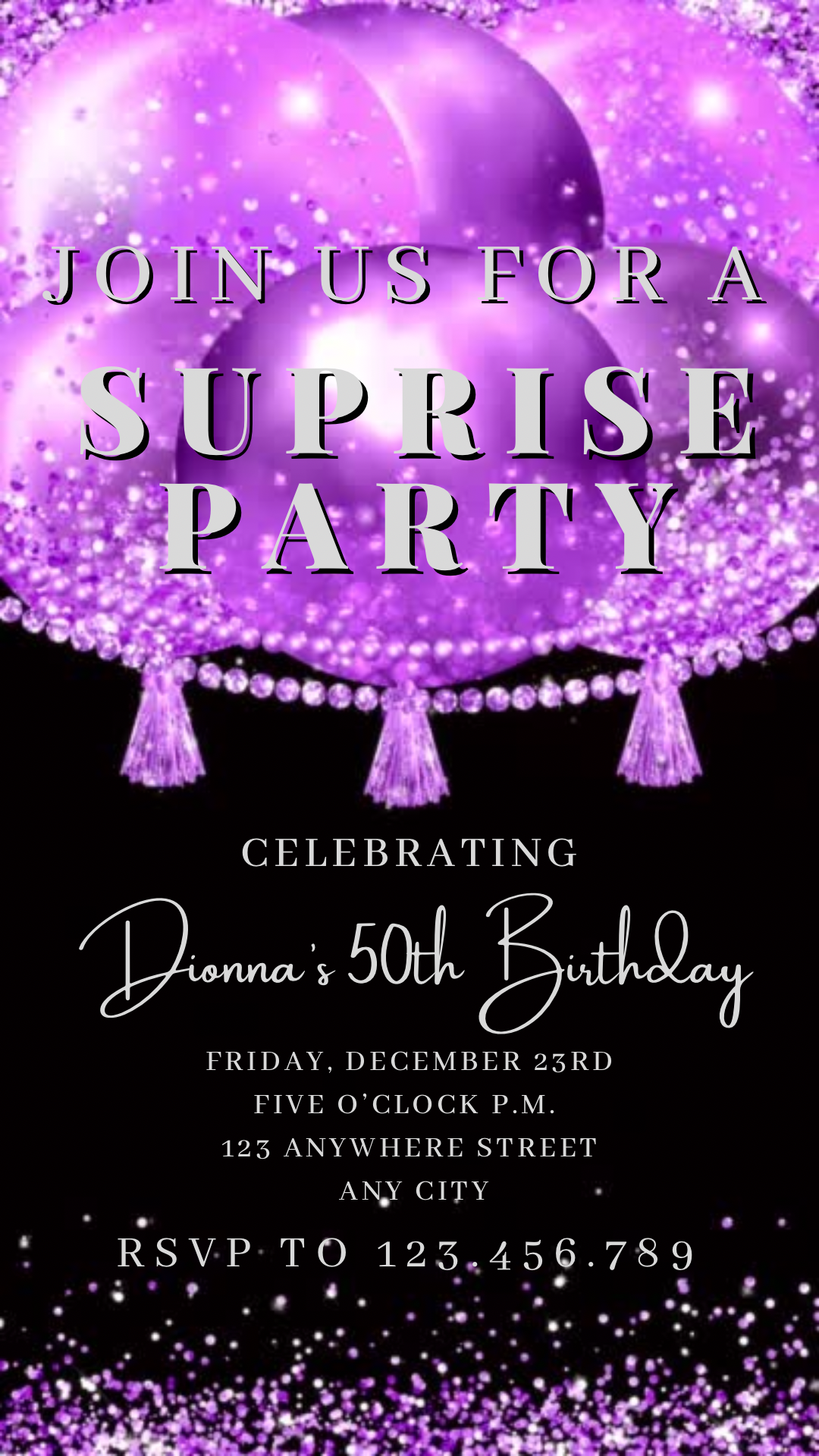 Purple Birthday Party Video Invitation, Birthday Balloon Invite, Any Occasion Evi