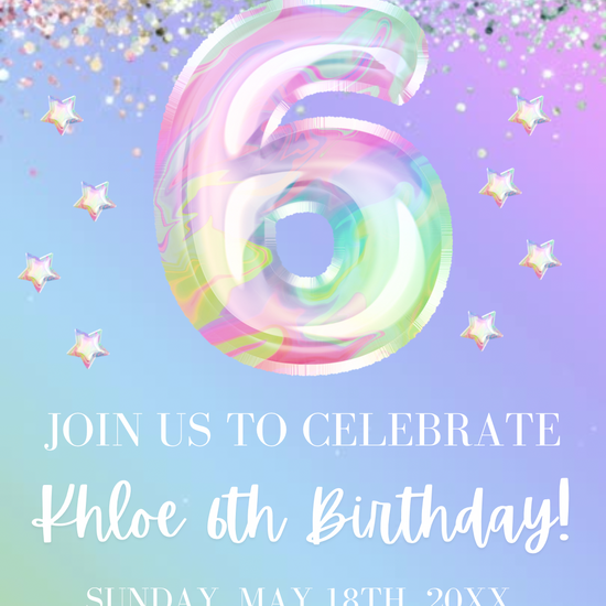 6th Birthday Pastel Video Invitation, Iridescent Glitter Invitation