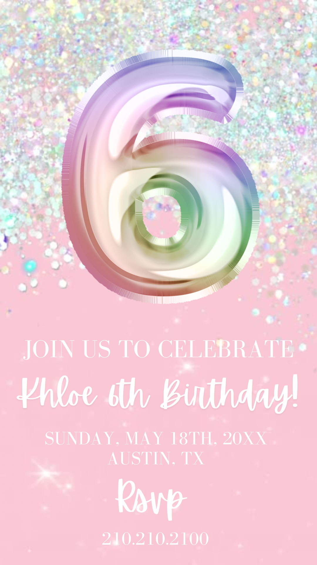 6th Birthday Video Invitation, Pink Rainbow Holographic Editable invite