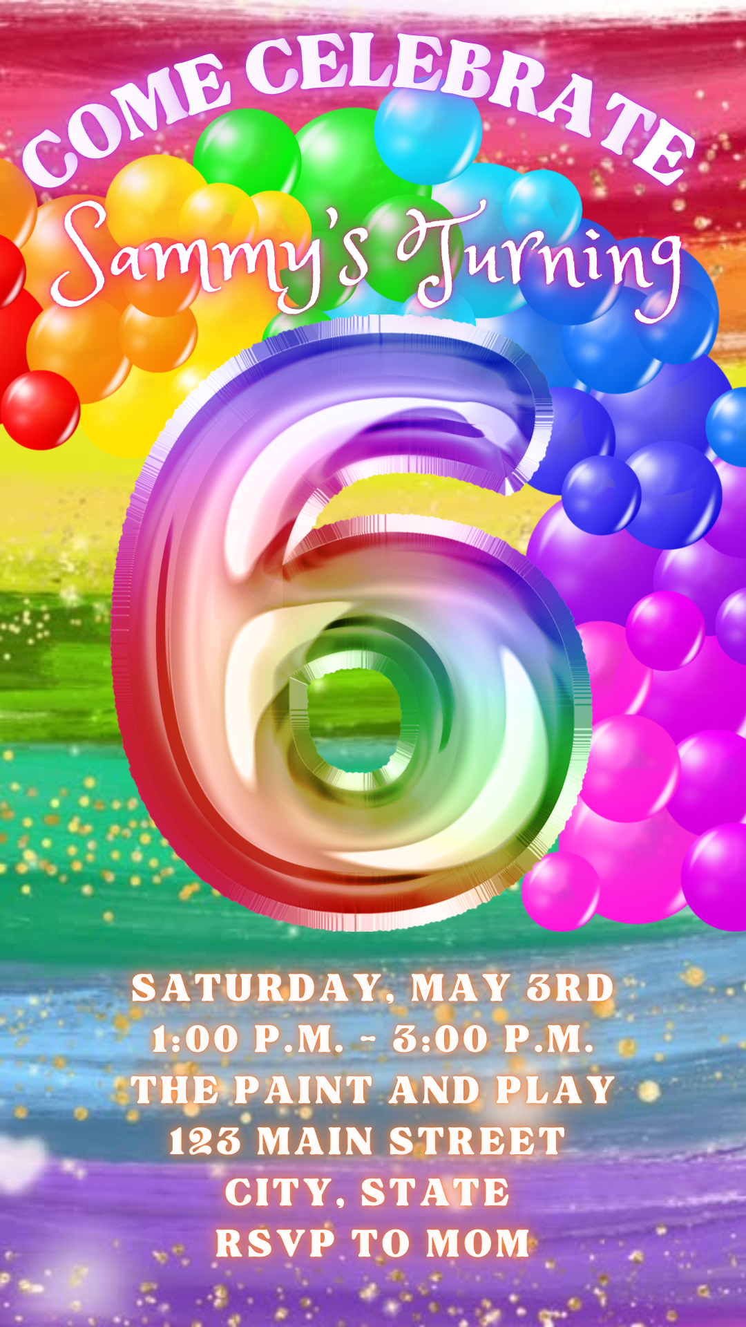 6th Birthday Rainbow Balloon Invitation, Rainbow Birthday Video Invitation