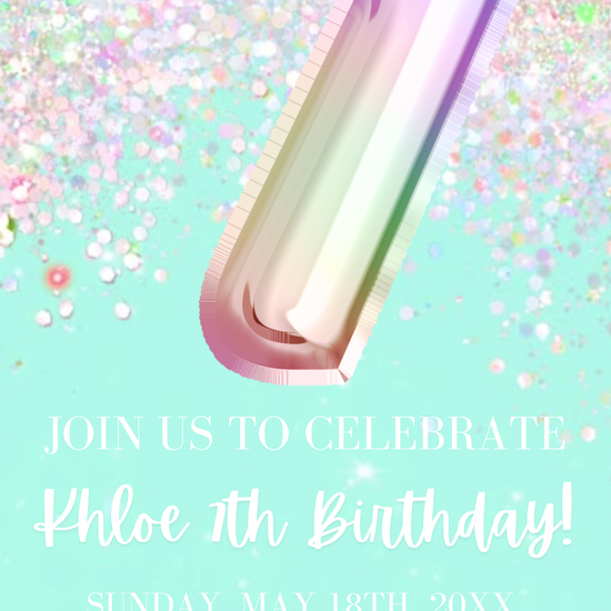 7th Birthday Glitter Video Invitation, Glitter Mint and Pink Birthday Invite