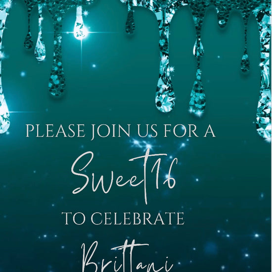 Teal Glitter Drip Video Invitation, Turquoise Invitation