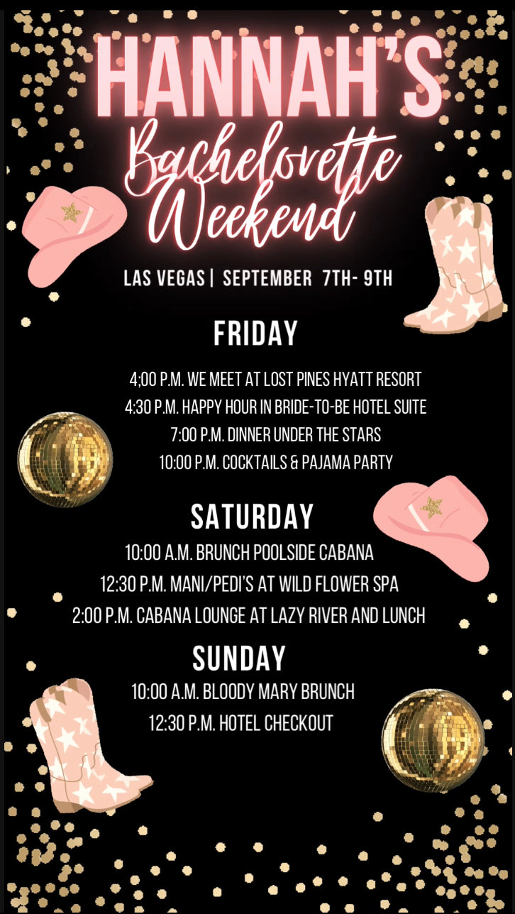Impress your guests with this Disco Cowgirl Itinerary from Hostessy. It will get your guests excited for your event! This special video invitation is a quick, easy and modern way to invite your guests to your special event.   