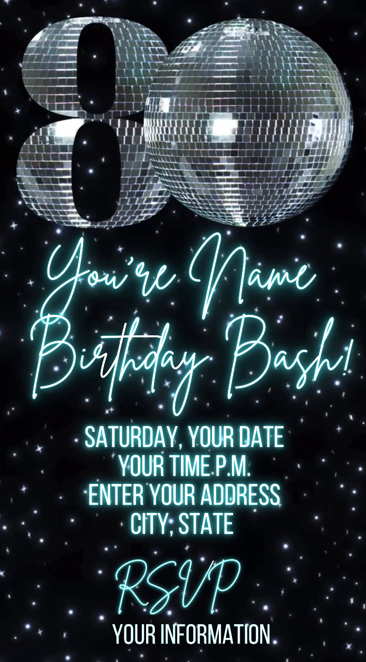 80th Birthday Disco Video Invitation, Disco Ball Invite