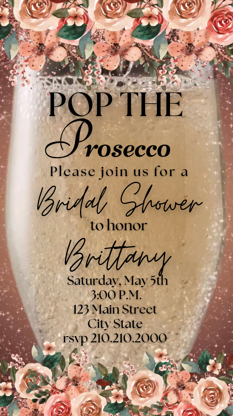 Prosecco Bridal Shower Invitations, Peonies and Prosecco