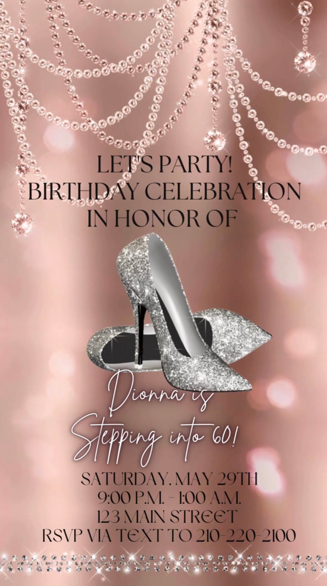 Pearl and Heels Video Invitation, Rose Gold Glitter Glam Diamond Shoes Customized Digital Invite