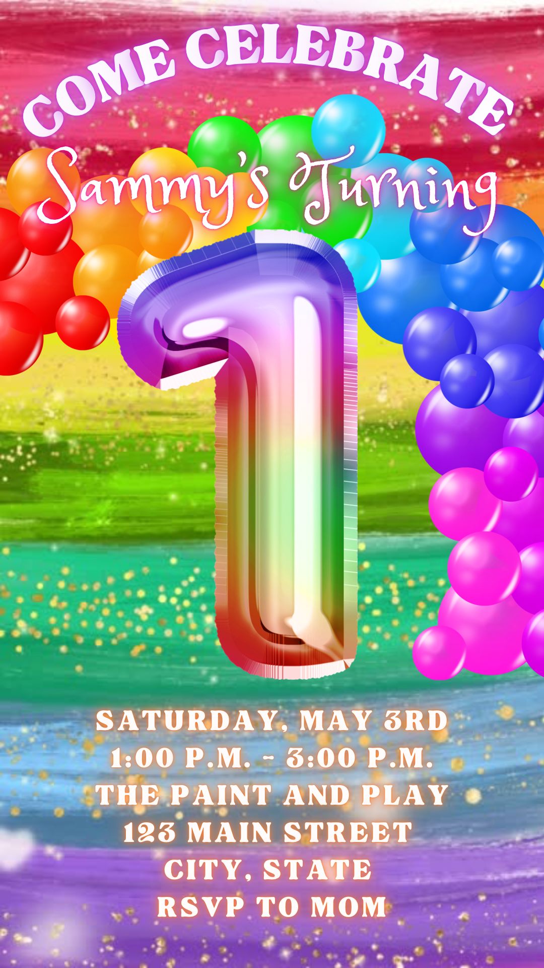 1st Birthday Rainbow Balloon Invitation, Rainbow Birthday Video Invitation