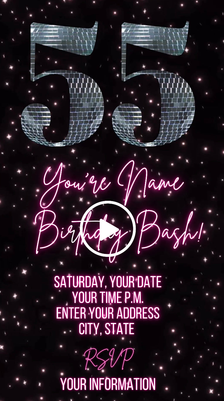 55th Birthday Pink Disco Video Invitation, Disco Ball Invite