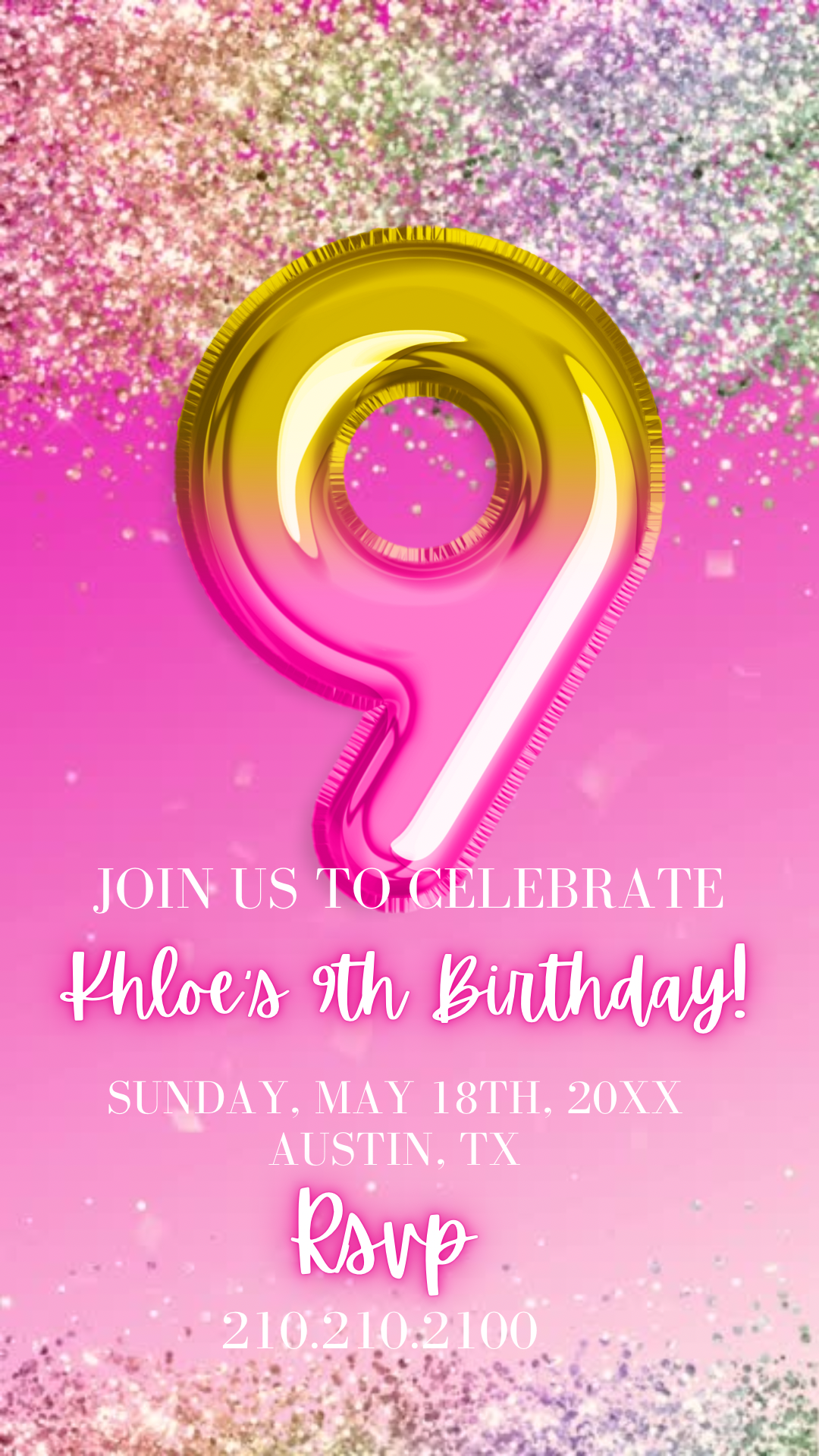 Pink and Gold 9th Birthday Invitation