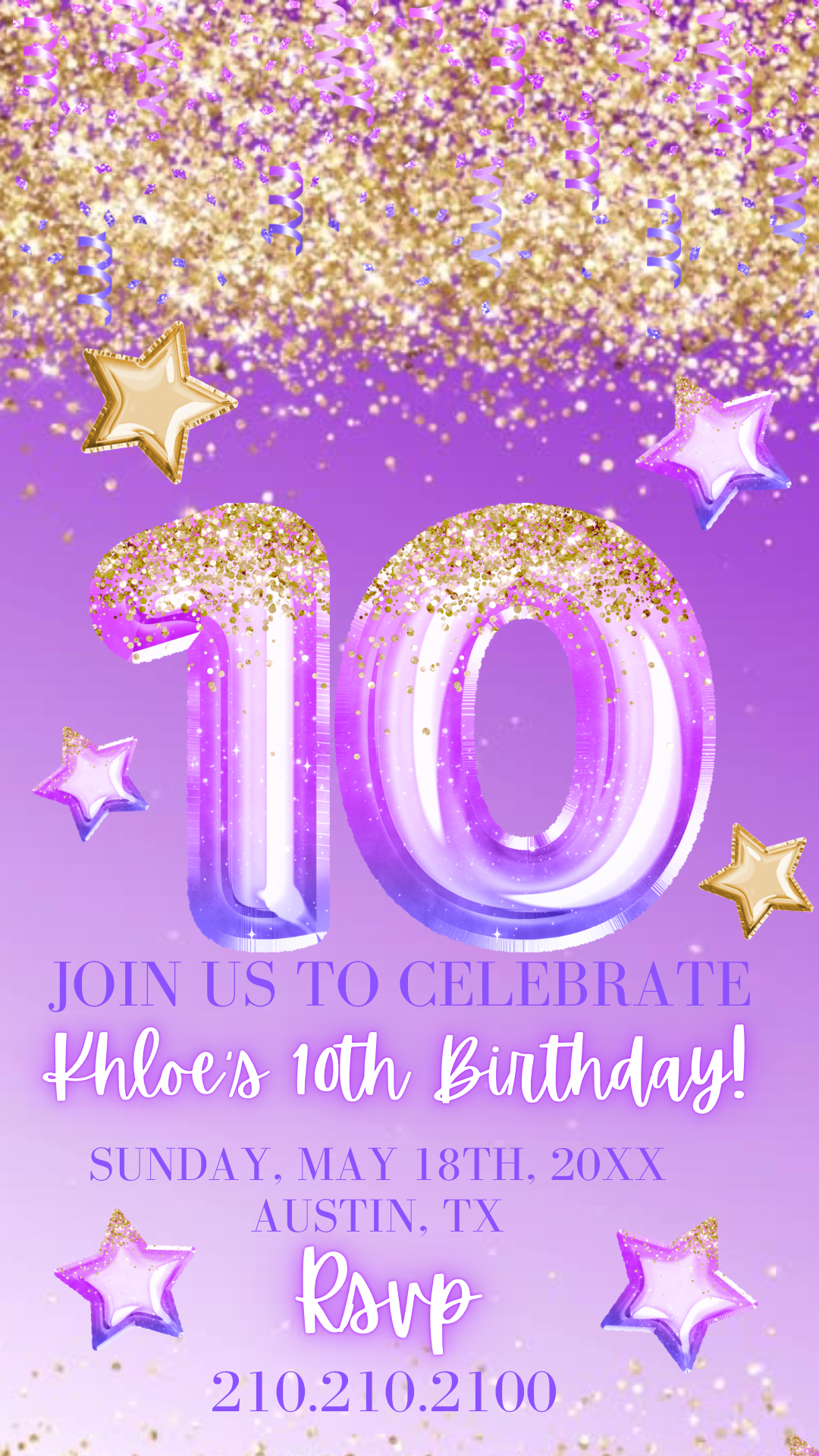 10th Birthday Purple and Gold Glitter Video Invitation