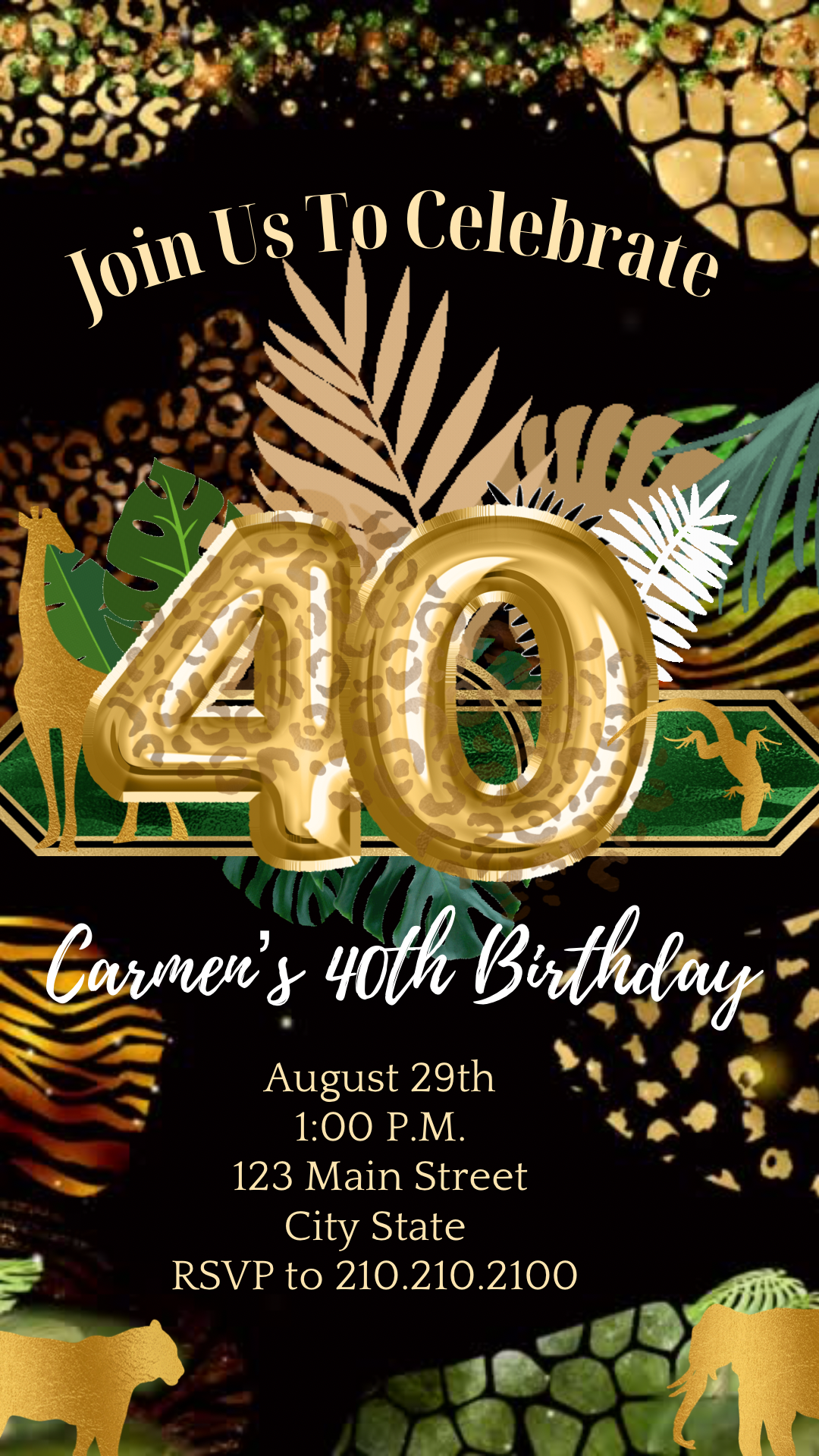 40th Birthday Safari Invitation, 40th Tropical Gold Greenery Video Invitation