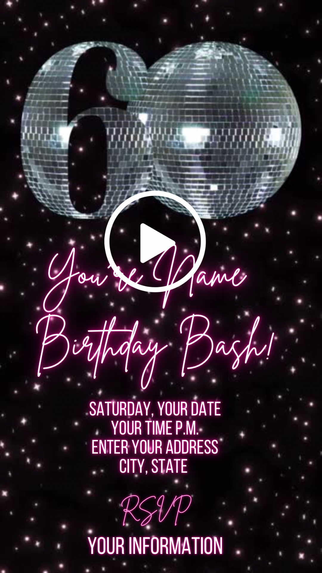 60th Birthday Pink Disco Video Invitation, Disco Ball Invite