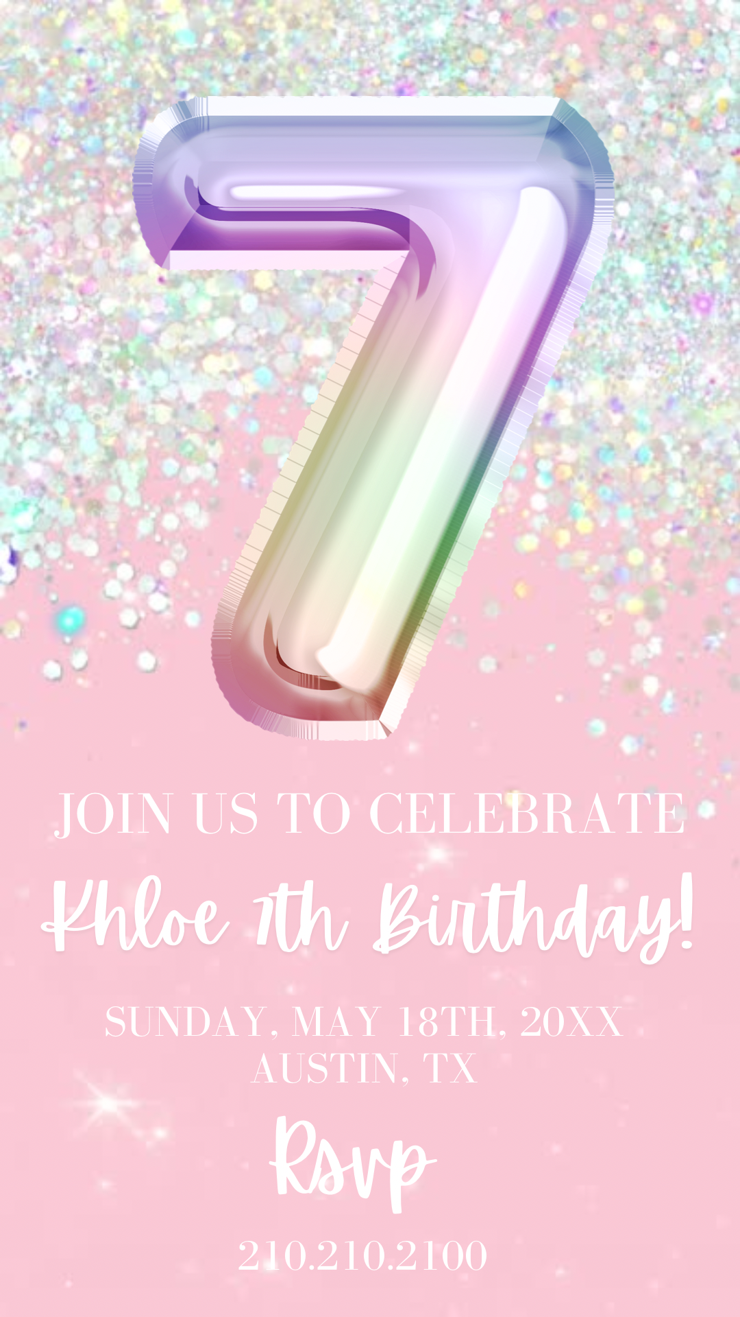 7th Birthday Video Invitation, Editable Pink Glitter Birthday Invitation, Rainbow Holographic Editable invite