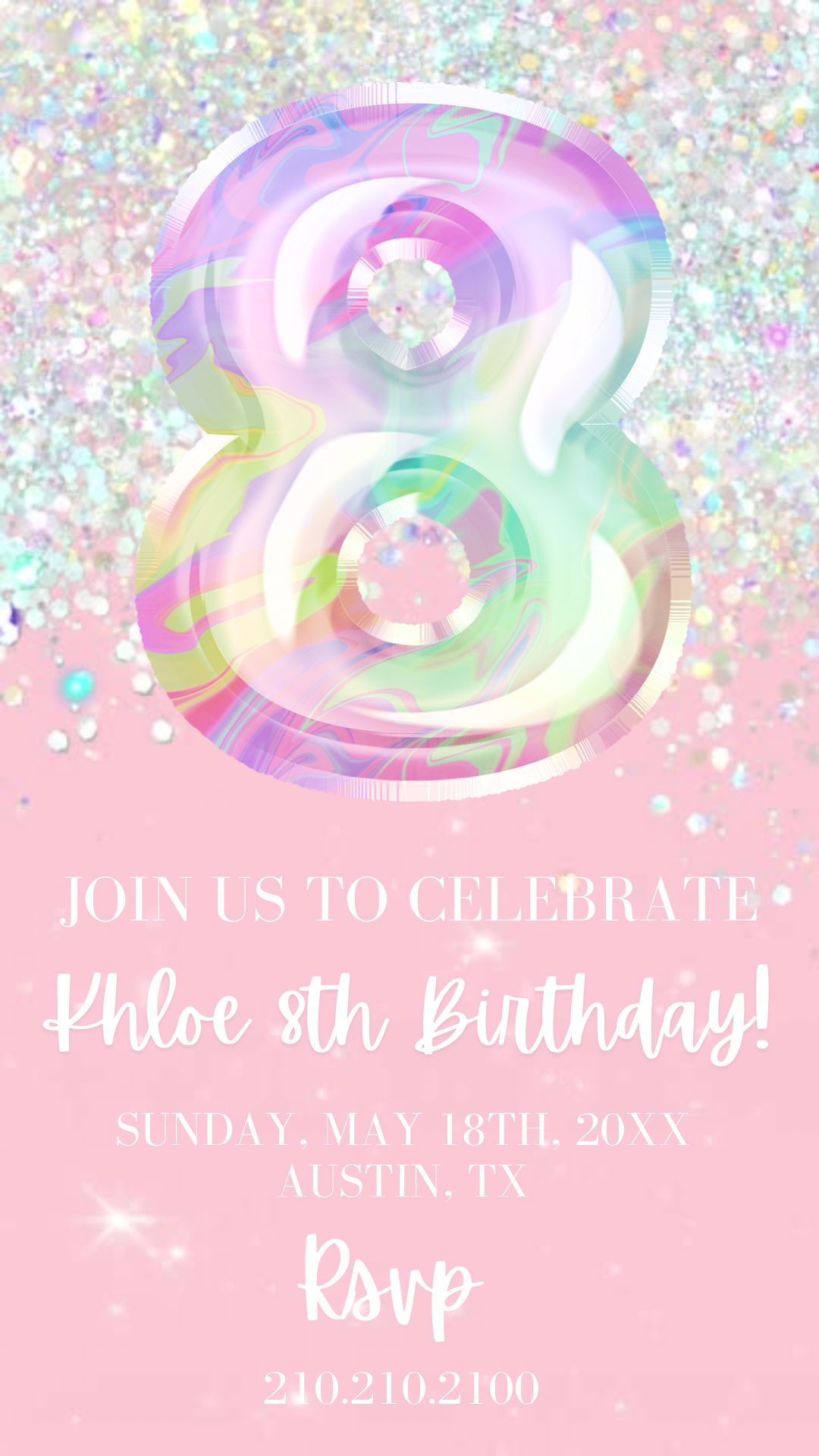 8th Birthday Video Invitation, Editable Pink Glitter Birthday Invitation, Rainbow Holographic Editable invite