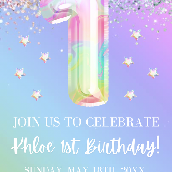 1st Birthday Pastel Video Invitation, Iridescent Glitter Invitation