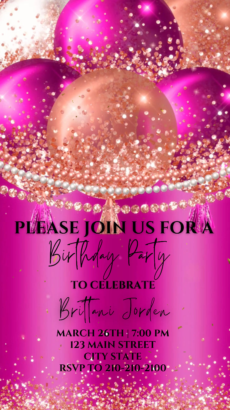 Hot Pink Birthday Party Video Invitation, Birthday Balloon Invite, Any Occasion Evite