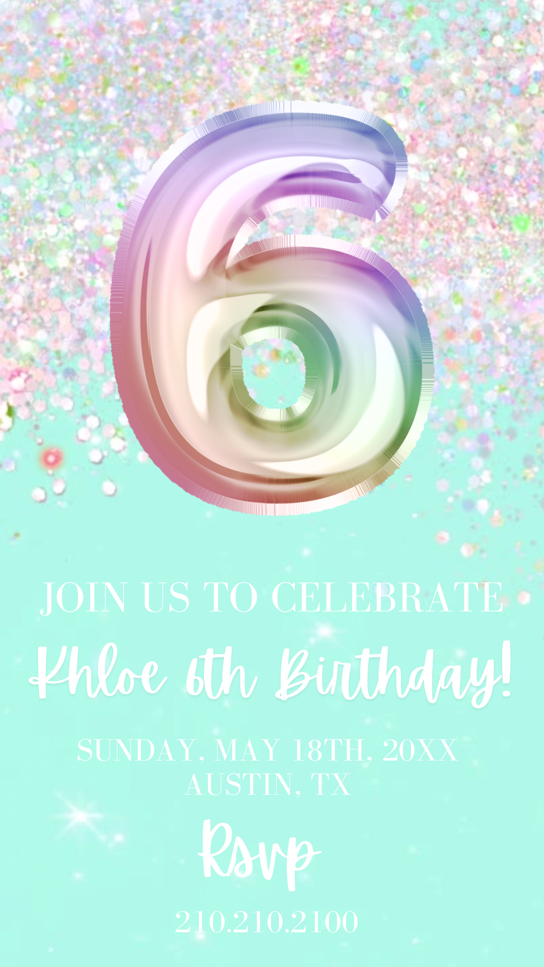 6th Birthday Video Invitation, Editable Mint Birthday Invitation, Rainbow Holographic Editable invite