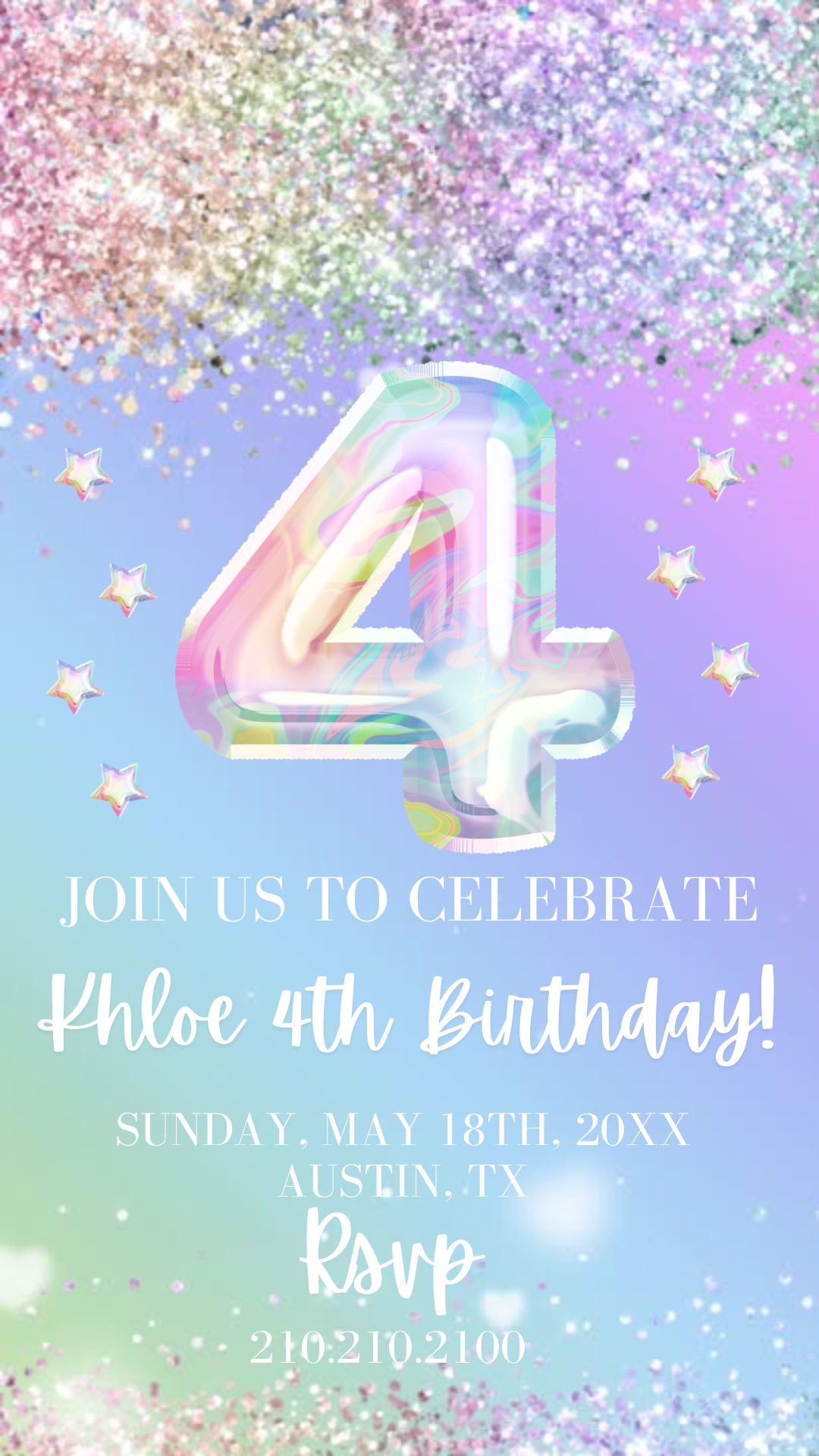 4th Birthday Pastel Video Invitation, Iridescent Glitter Invitation