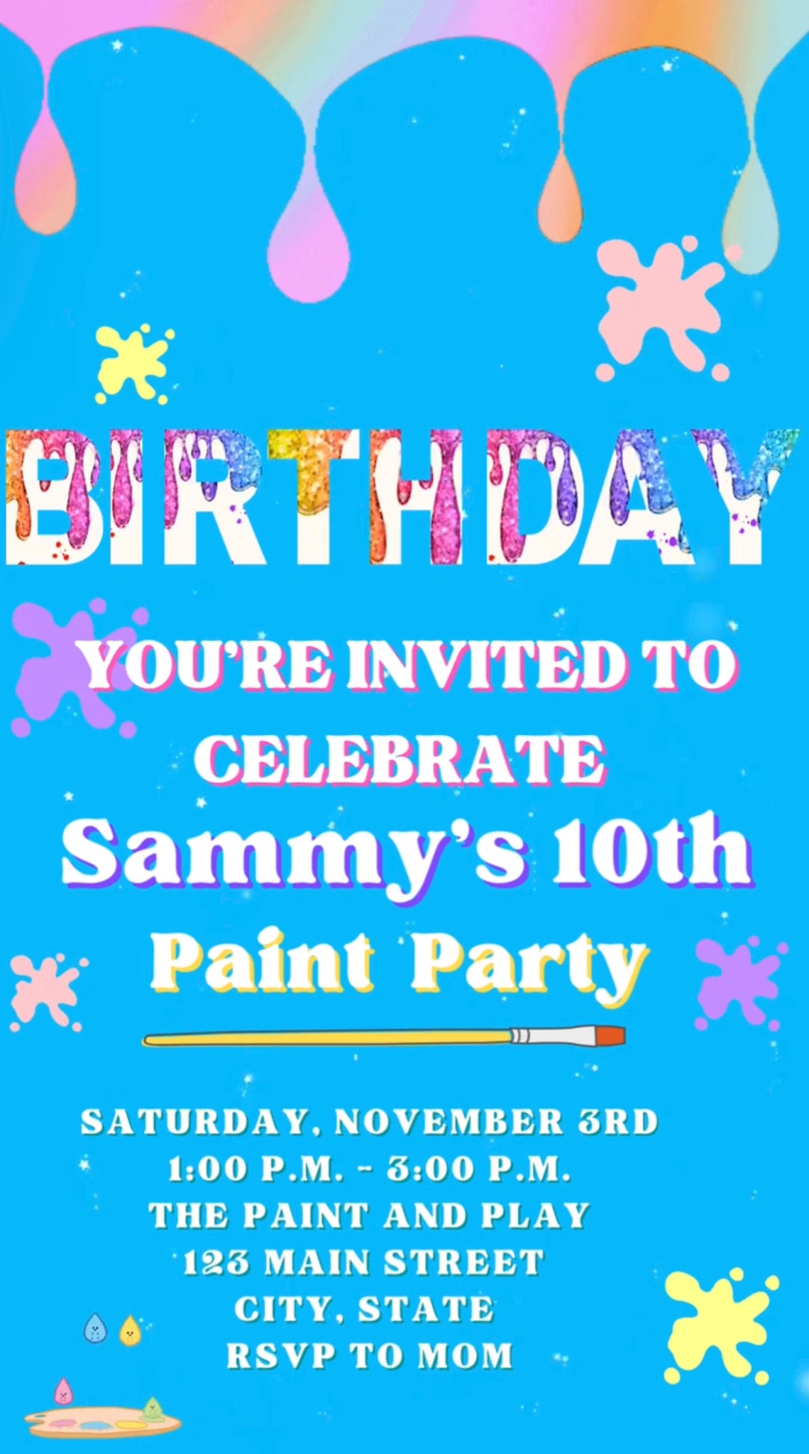 Paint Party Video invitation, Art birthday invitation, Sip and Painting Party