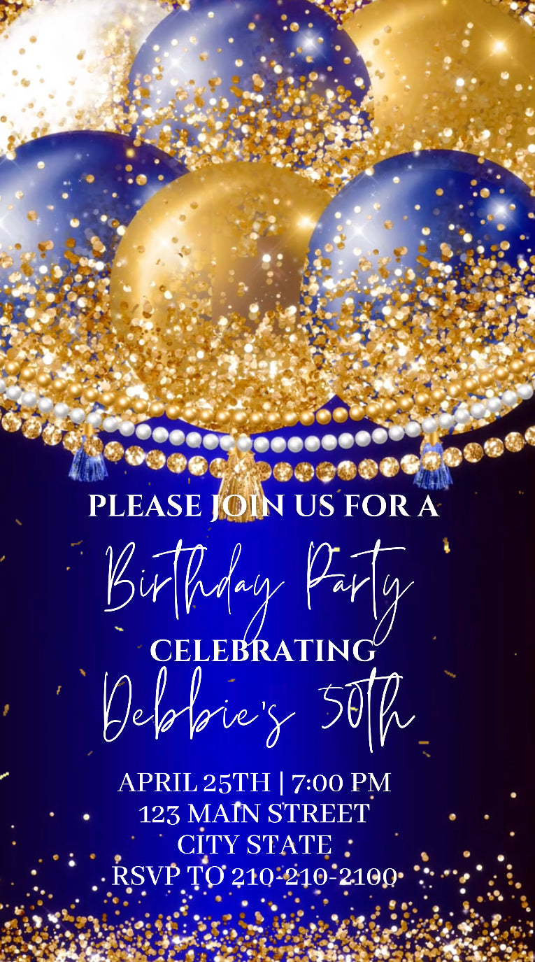 Navy and Gold Birthday Party Video Invitation, Birthday Balloon Invite, Any Occasion Evite