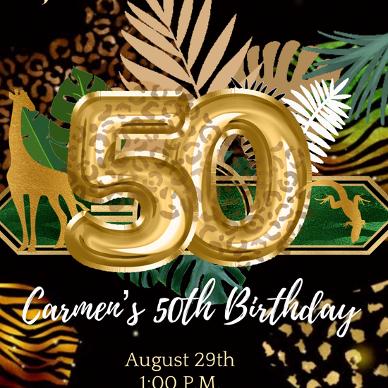 50th Birthday Safari Invitation, 40th Tropical Gold Greenery Video Invitation