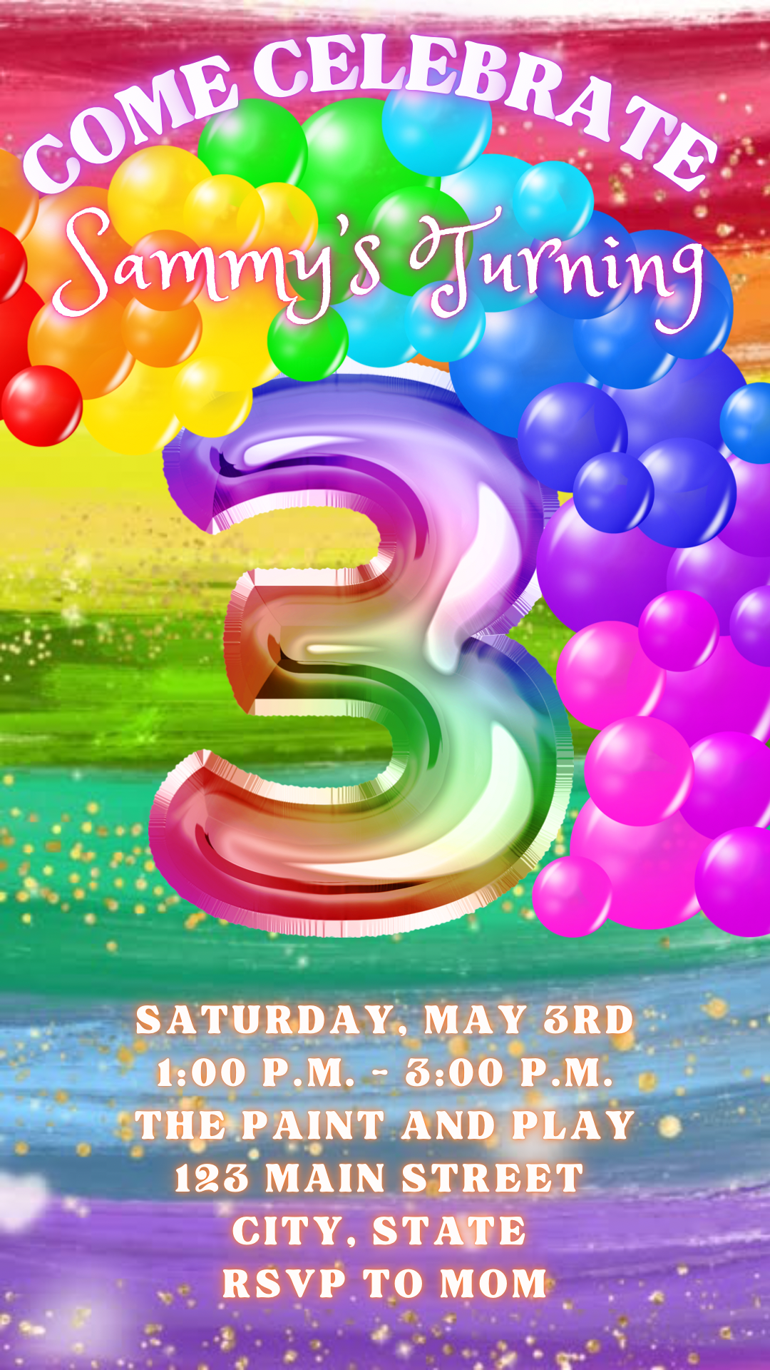 3rd Birthday Rainbow Balloon Invitation, Rainbow Birthday Video Invitation