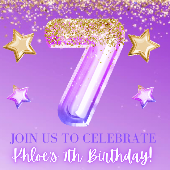 7th Birthday Purple and Gold Glitter Video Invitation