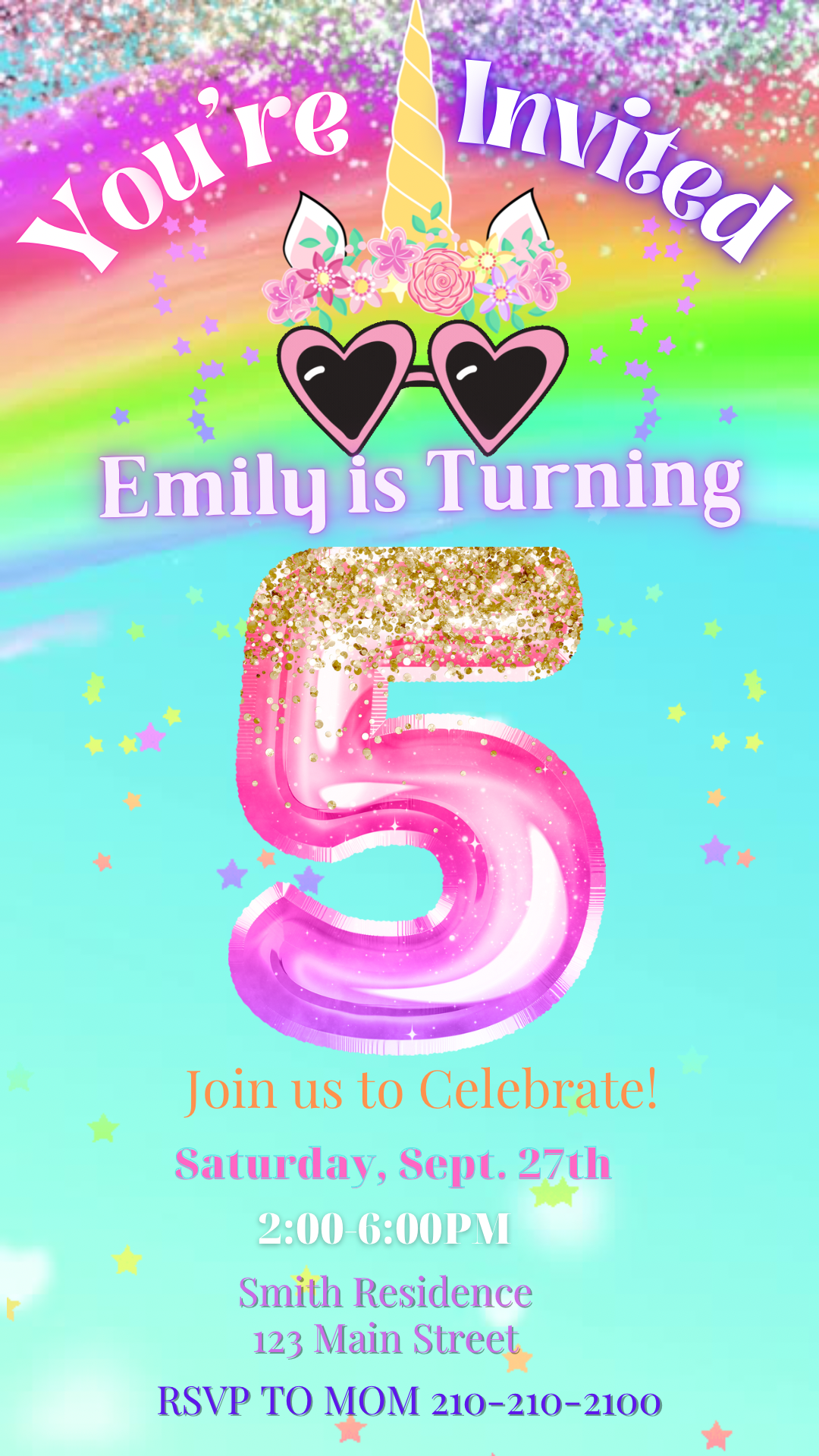 5th Birthday Unicorn Invitation, Glitter Video Invitation