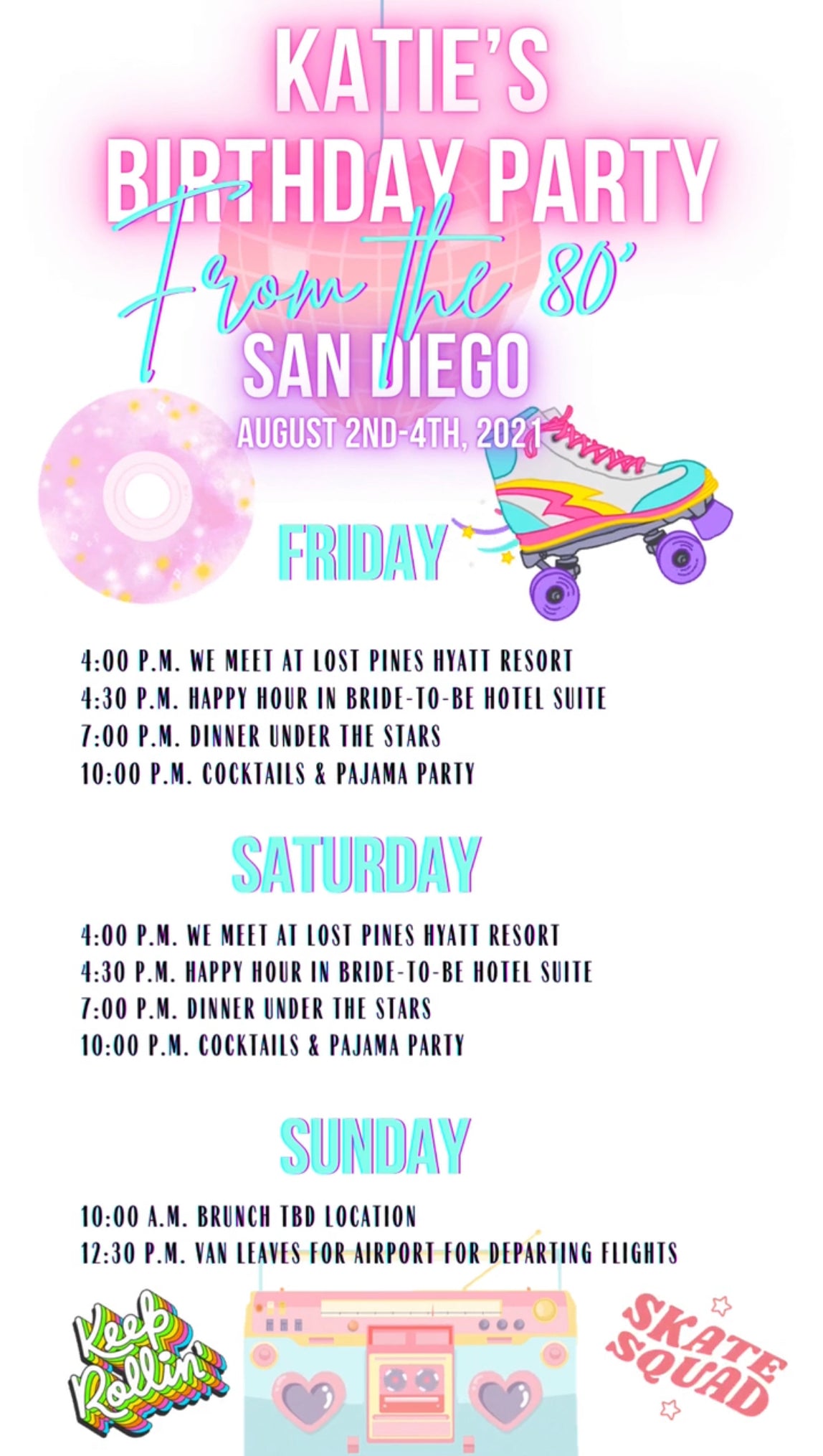 Roller Skate Video Itinerary, 80’s Party Itinerary