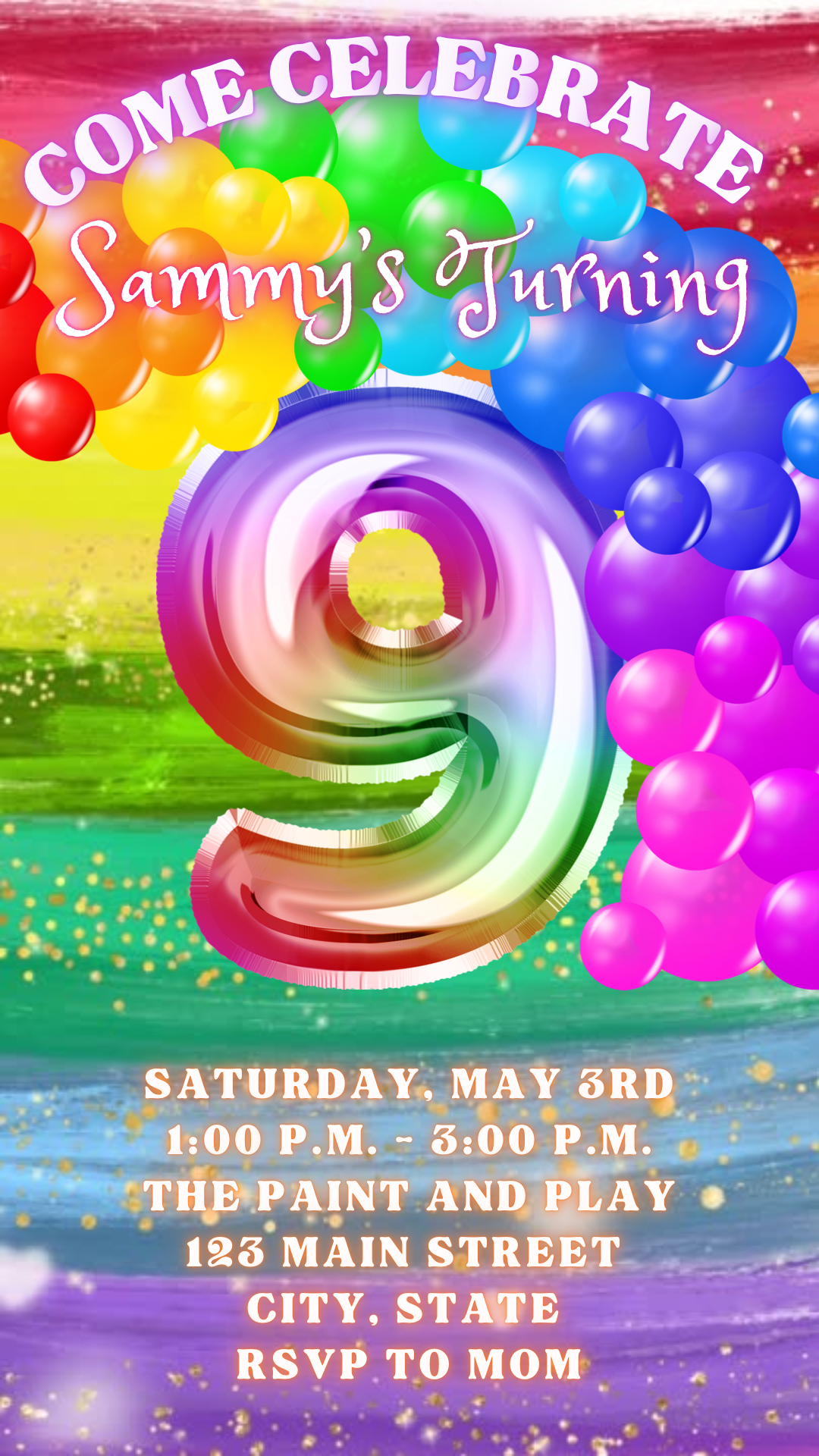 9th Birthday Rainbow Balloon Invitation, Rainbow Birthday Video Invitation
