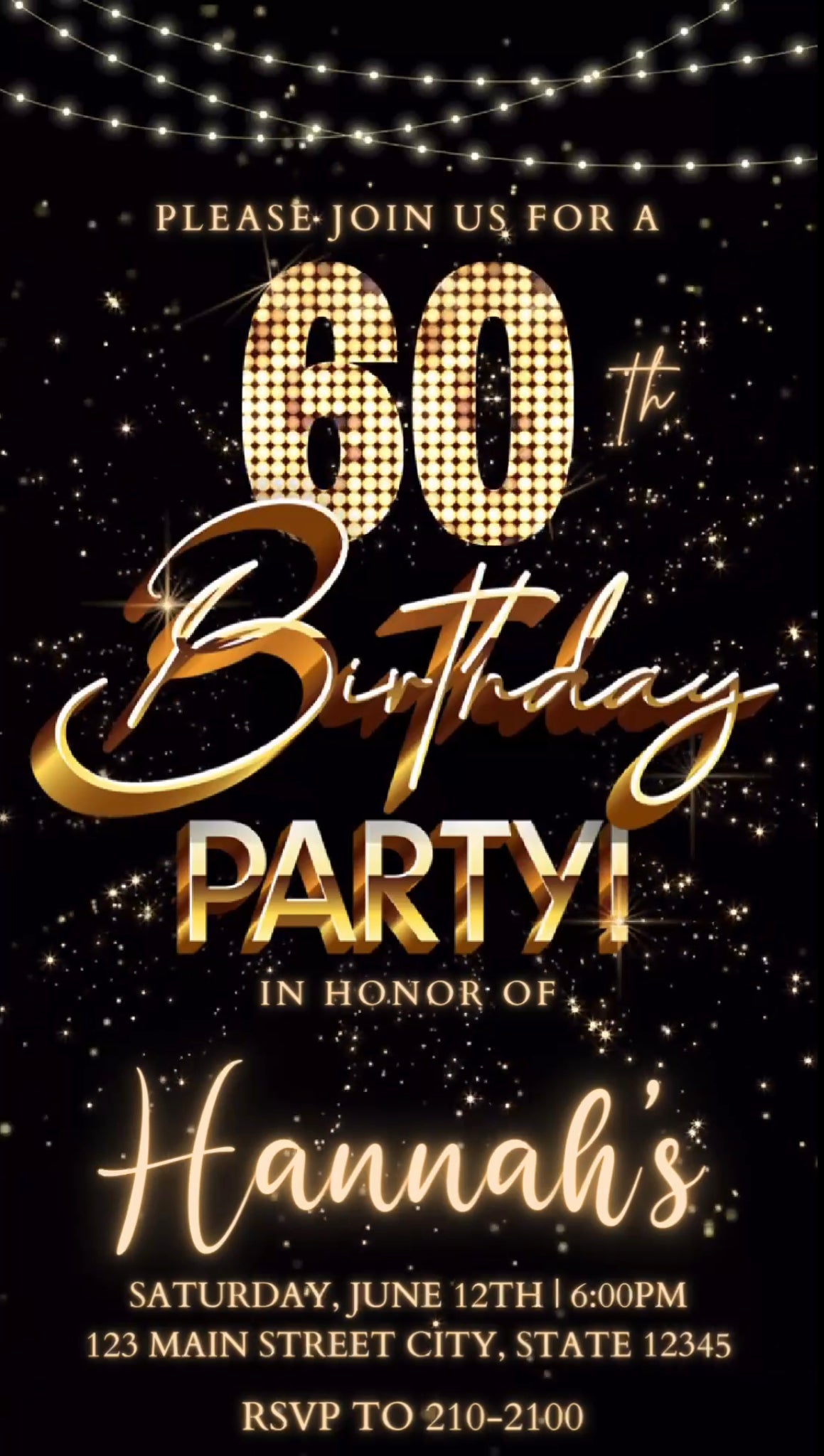 60th Gold Birthday Video Invitation, Gold Glitter Invitation, Any Occasion