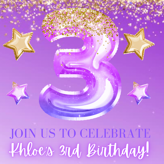 3rd Birthday Purple and Gold Glitter Video Invitation