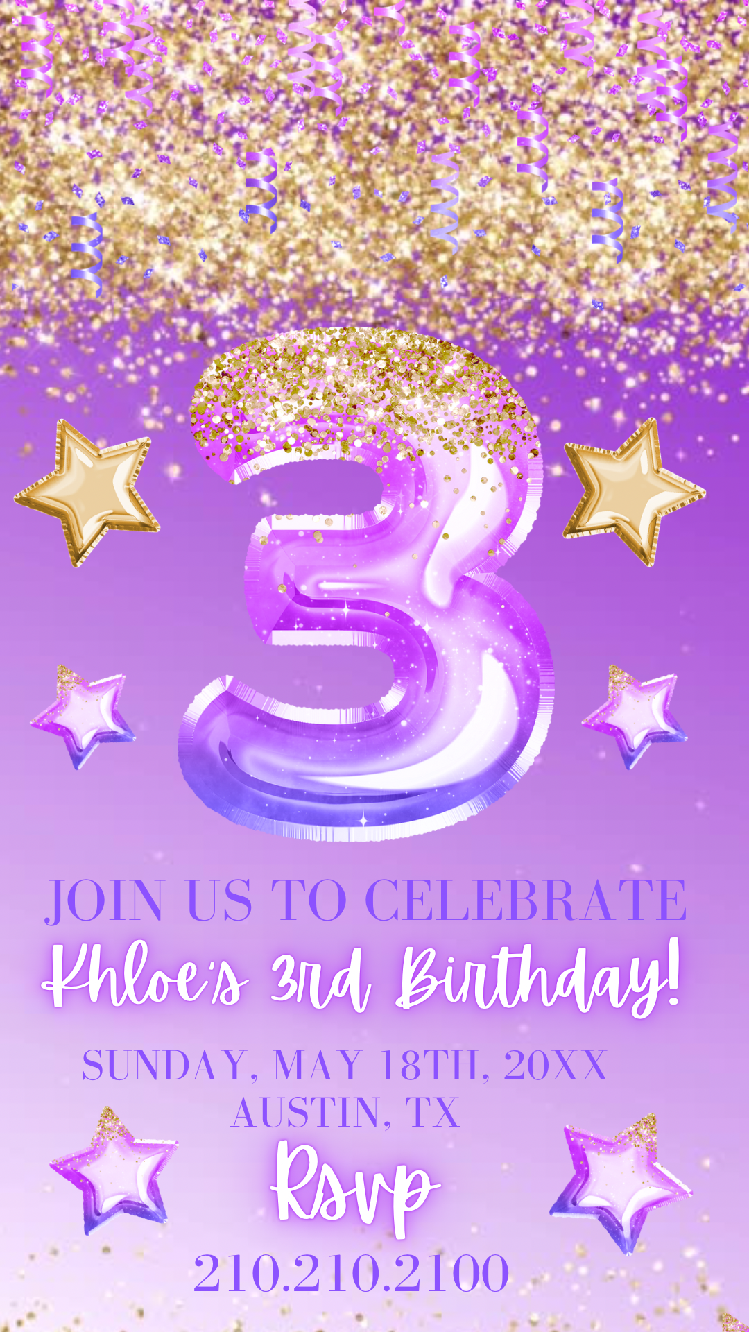 3rd Birthday Purple and Gold Glitter Video Invitation