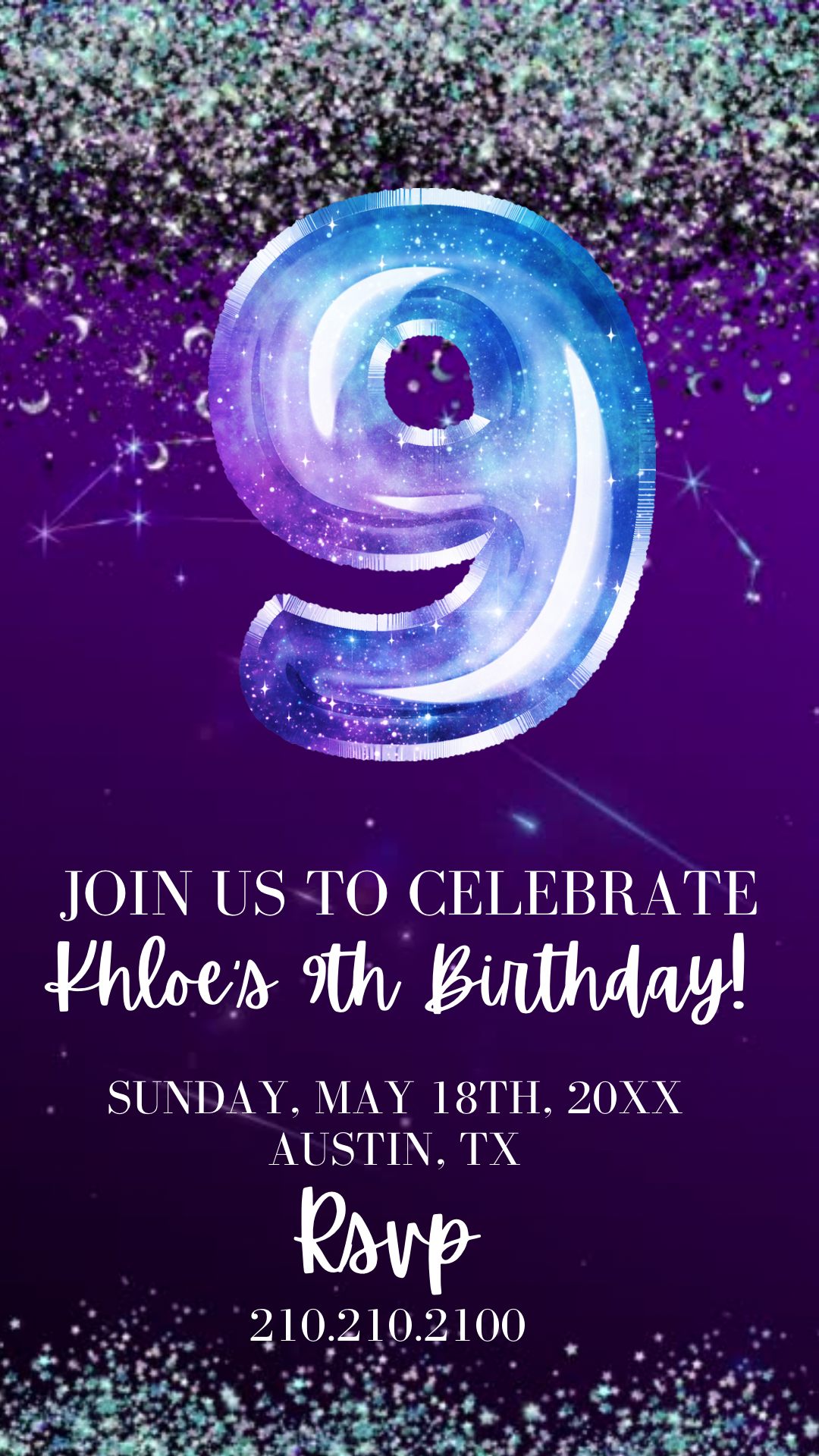 9th Birthday Space Invitation, Space Video Birthday Invitation