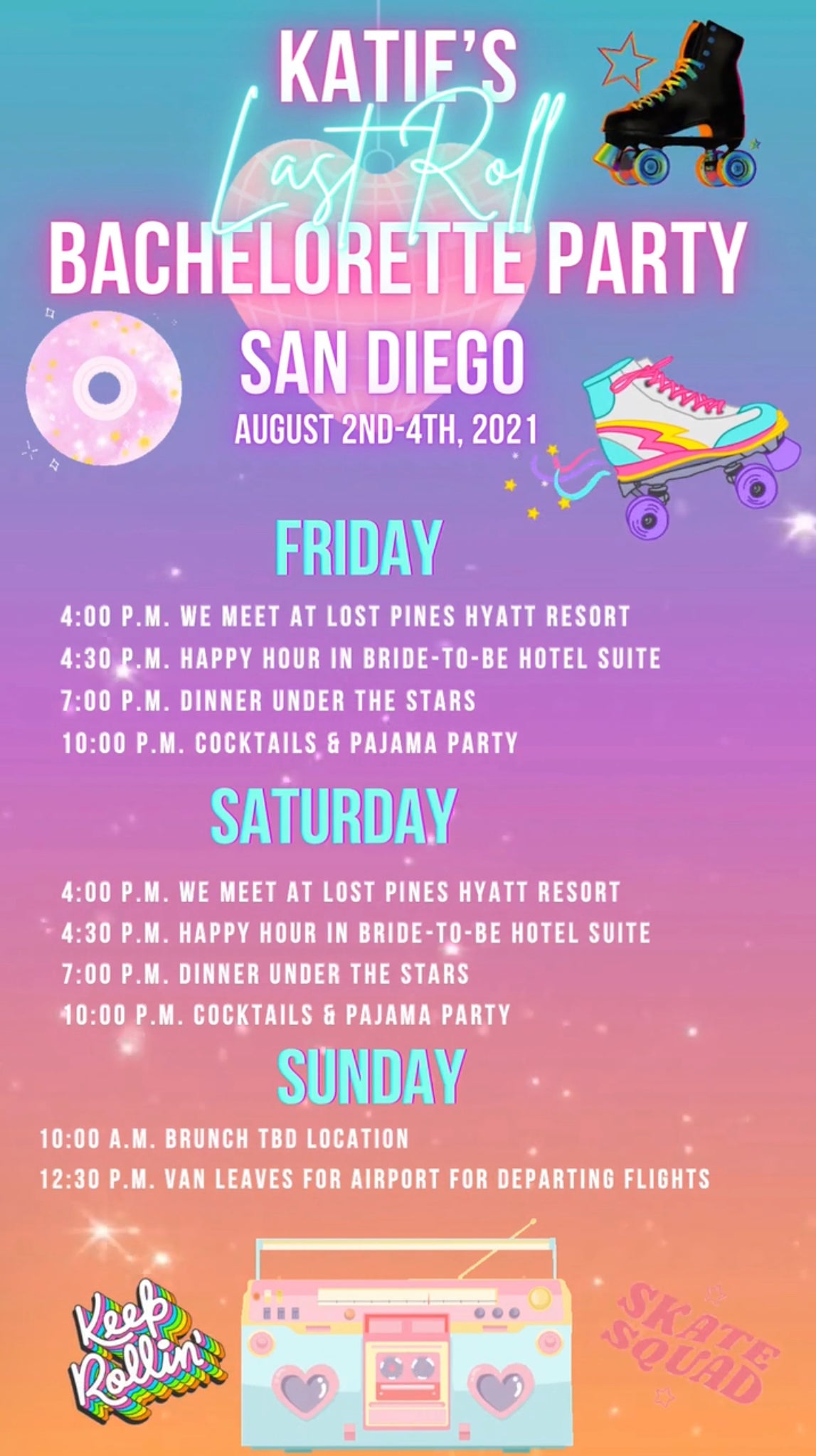 Let’s Roll Video Itinerary, Roller Skates Party Itinerary
