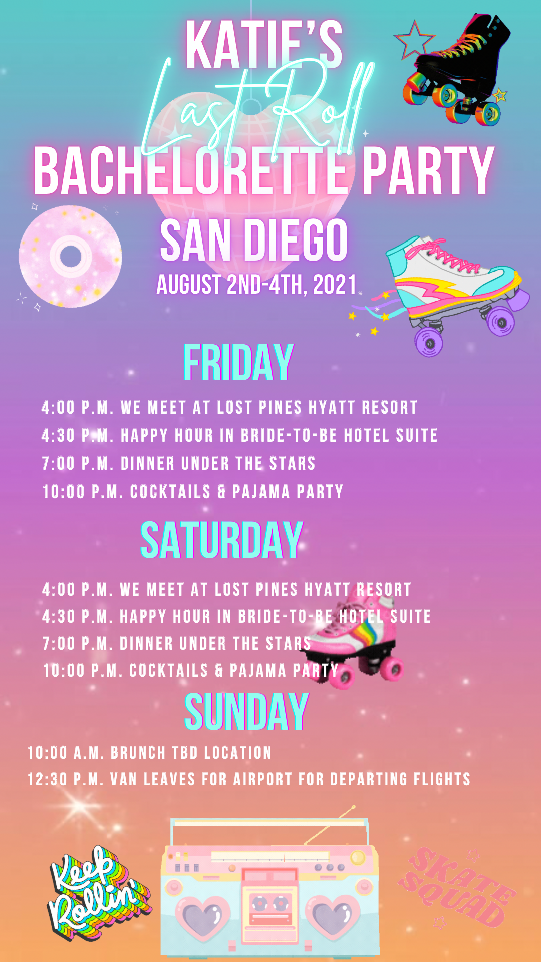 Let’s Roll Video Itinerary, Roller Skates Bachelorette Party Itinerary