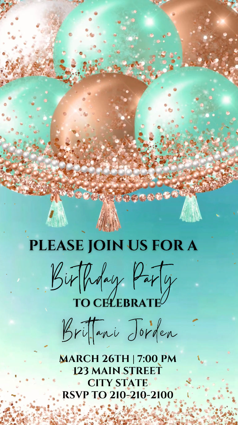 Mint and Bronze Birthday Party Video Invitation, Birthday Balloon Invite, Any Occasion Evite