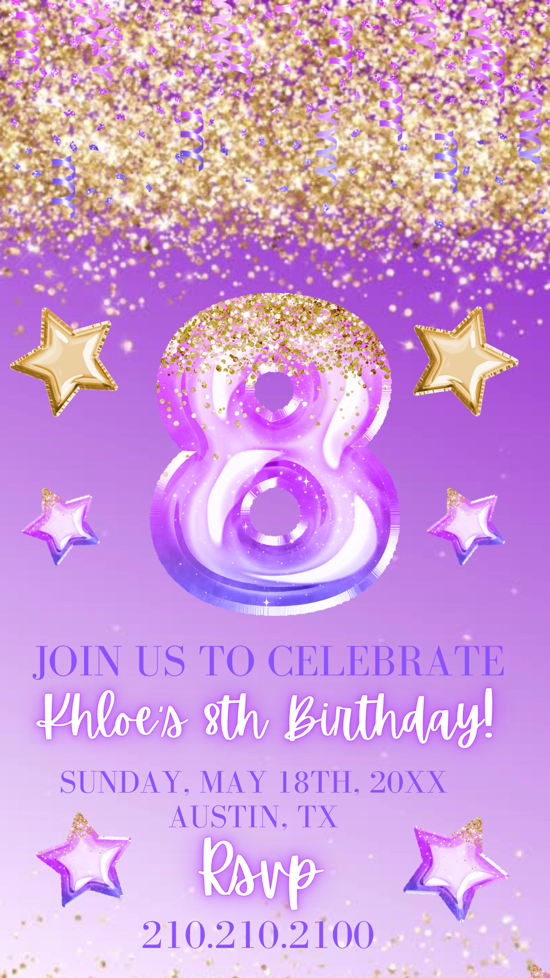 8th Birthday Video Invitation, Purple Ombre Glitter Editable Birthday Invitation