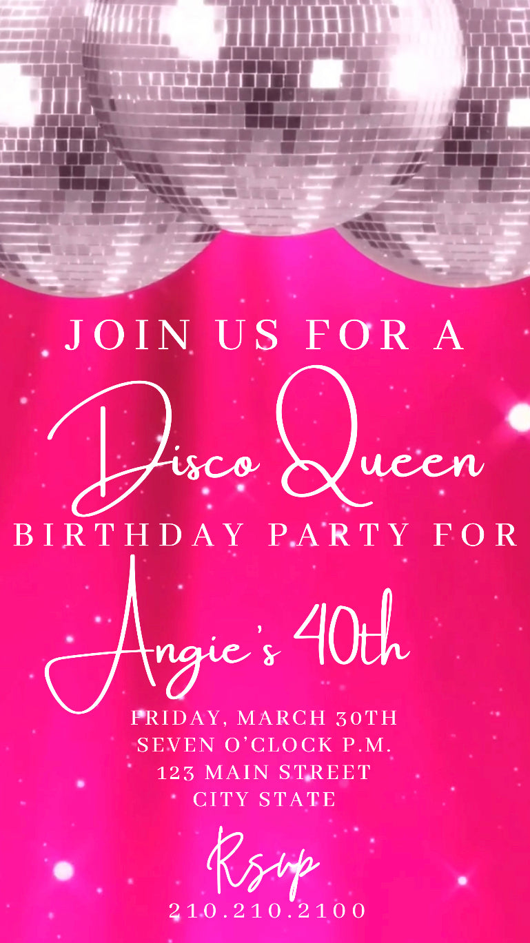 Pink Disco Ball Birthday Invitation, Disco Video Invitation