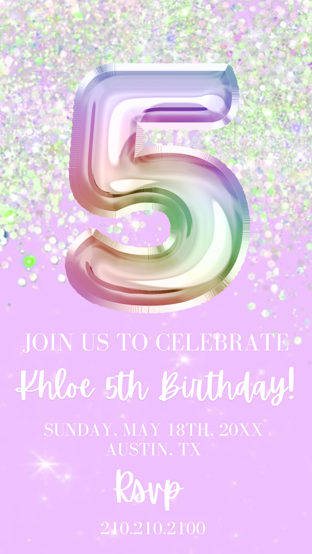5th Birthday Invitation, 5th Birthday Invitation, Purple Holographic Editable invite