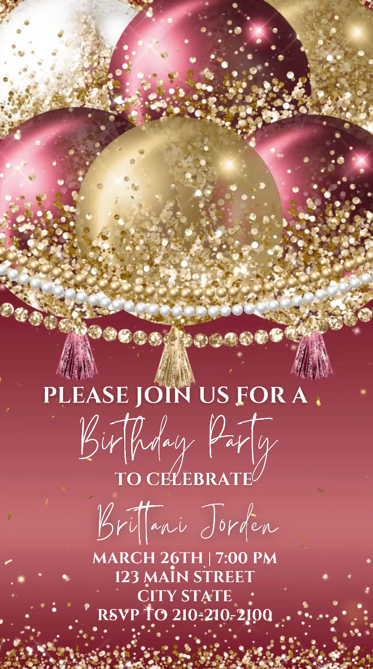 Maroon and Gold Birthday Party Video Invitation, Birthday Balloon Invite, Any Occasion Evite