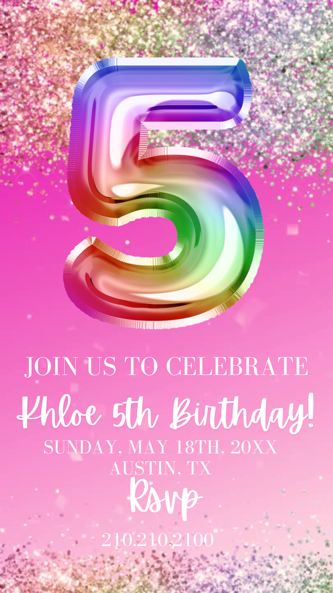 5th Birthday Video Invitation, Editable Pink Rainbow Holographic Editable invite