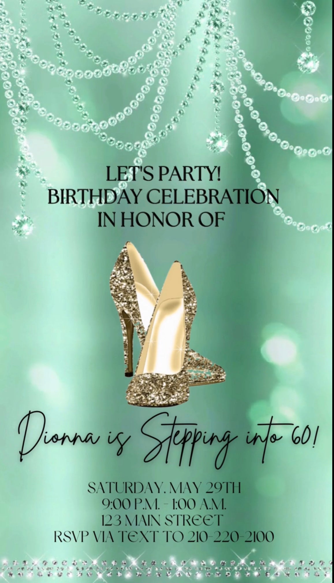 Pearl Video Invitation, Mint Glitter Glam Diamond Shoes Customized Digital Invite