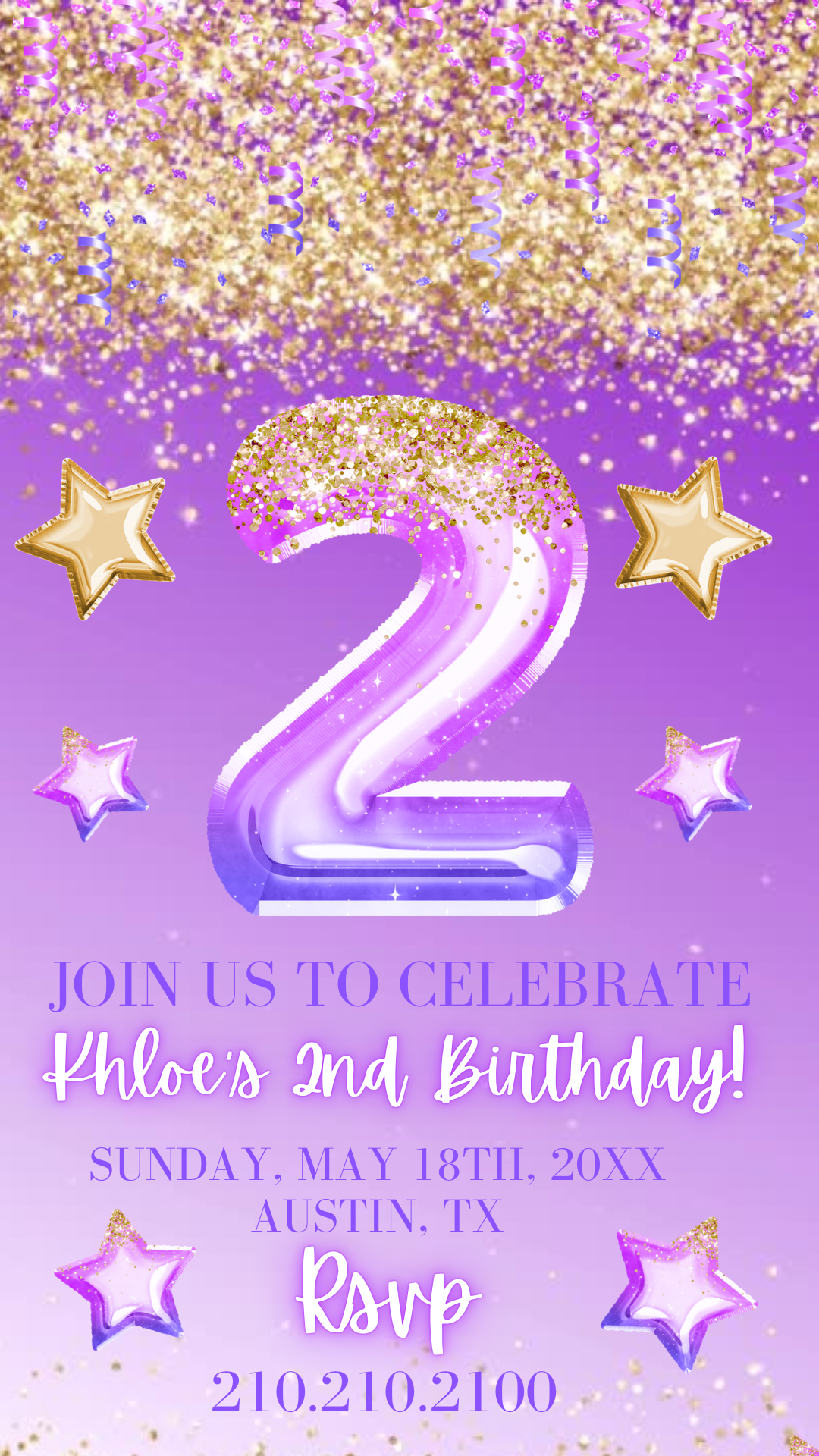 2nd Birthday Video Invitation, Purple Glitter Invite, Purple Glitter Editable Birthday Invitation