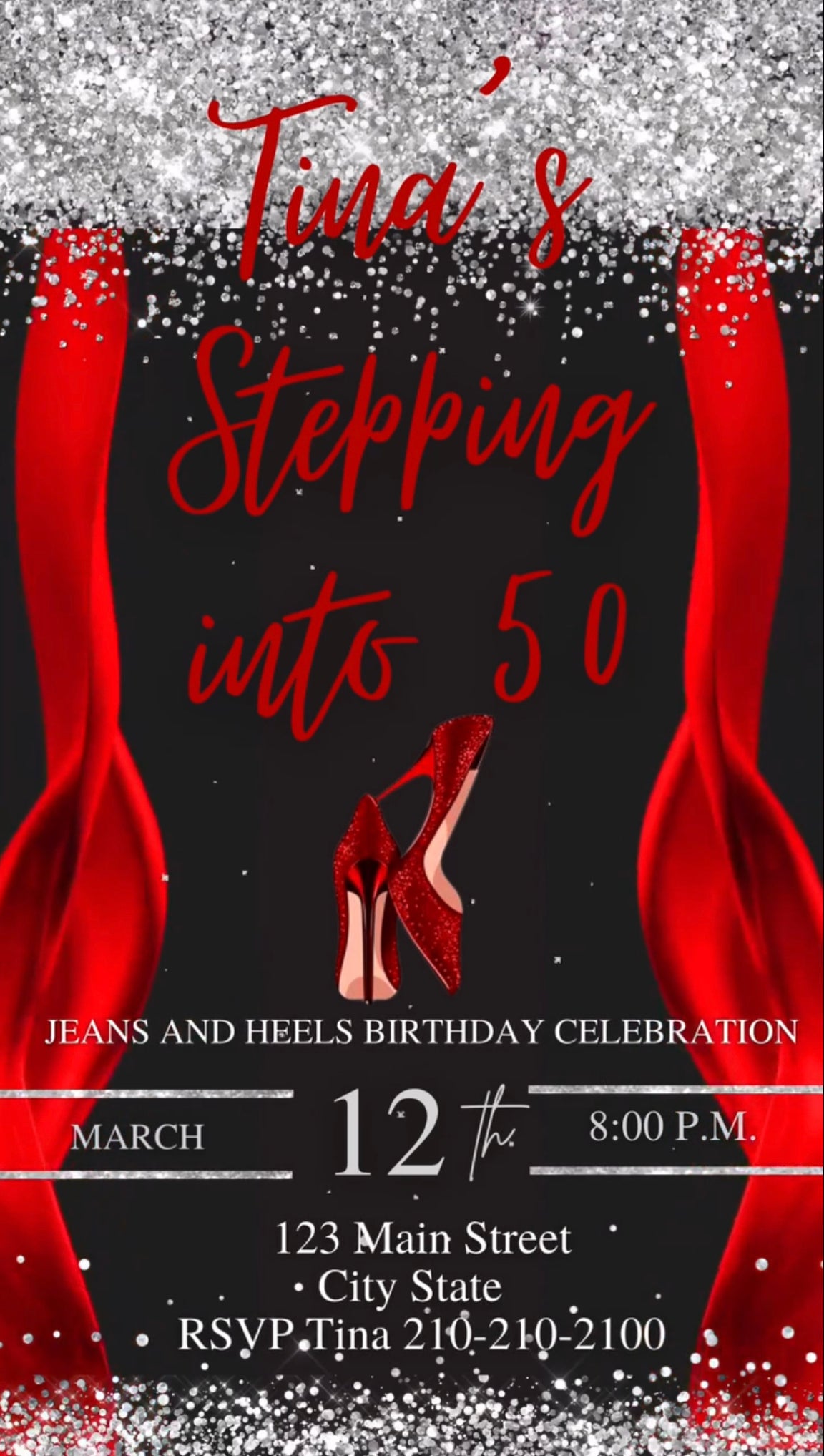 Red Glitter Video Invitation, Stepping Into Birthday Invite, High Heel Invite