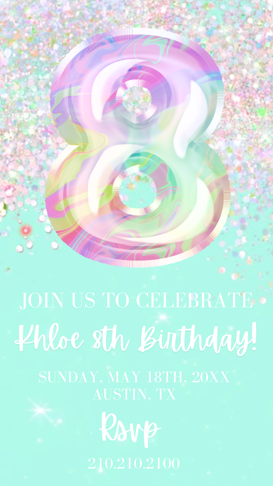8th Birthday Video Invitation, Editable Mint Birthday Invitation, Rainbow Holographic Editable invite
