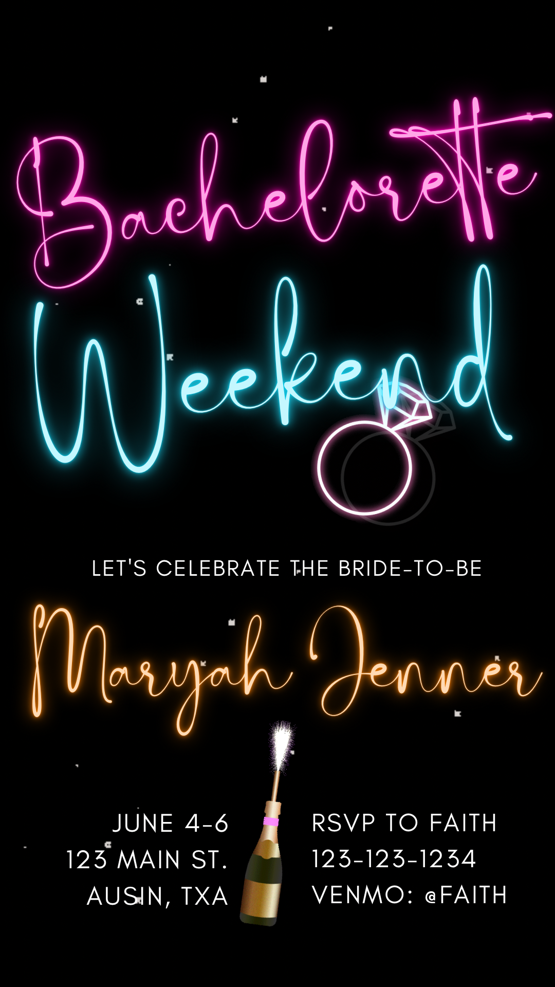 Neon video Invitation and Itinerary for Bachelorette or Birthday Party