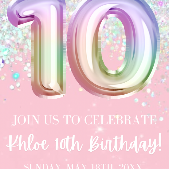 10th Birthday Pink Glitter Video Invitation, Pink Birthday Glitter Balloon Invite