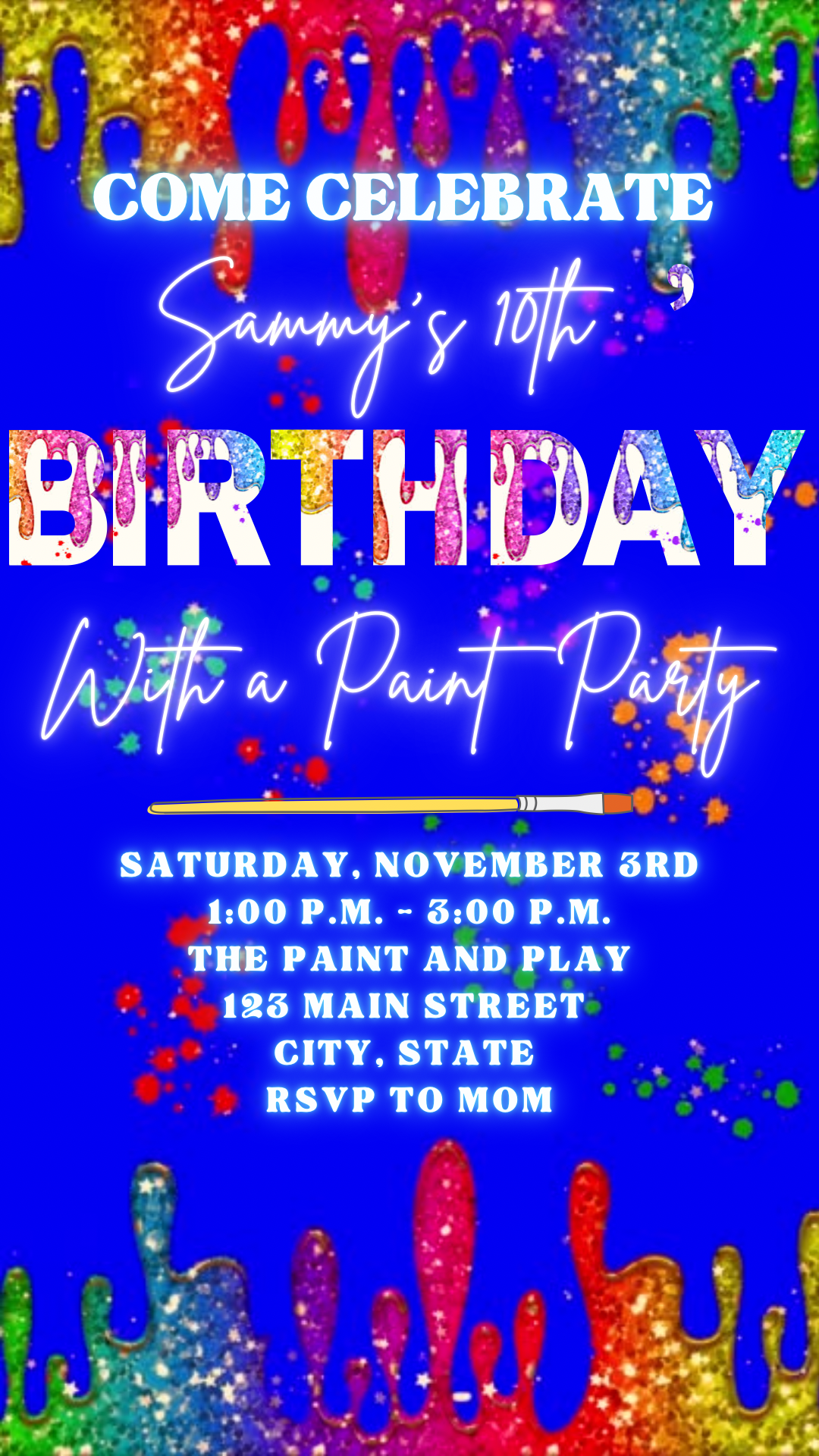 Paint Party Video invitation, Blue Art birthday invitation, Sip and Painting Party